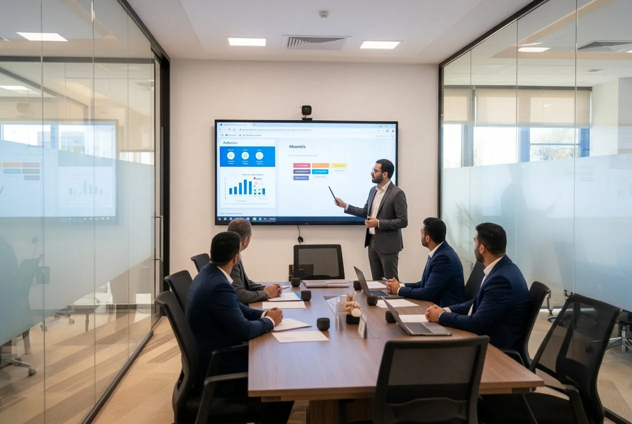 Présentation professionnelle dans une salle de réunion avec écran interactif