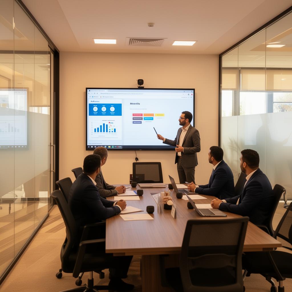 Présentation professionnelle dans une salle de réunion avec écran interactif
