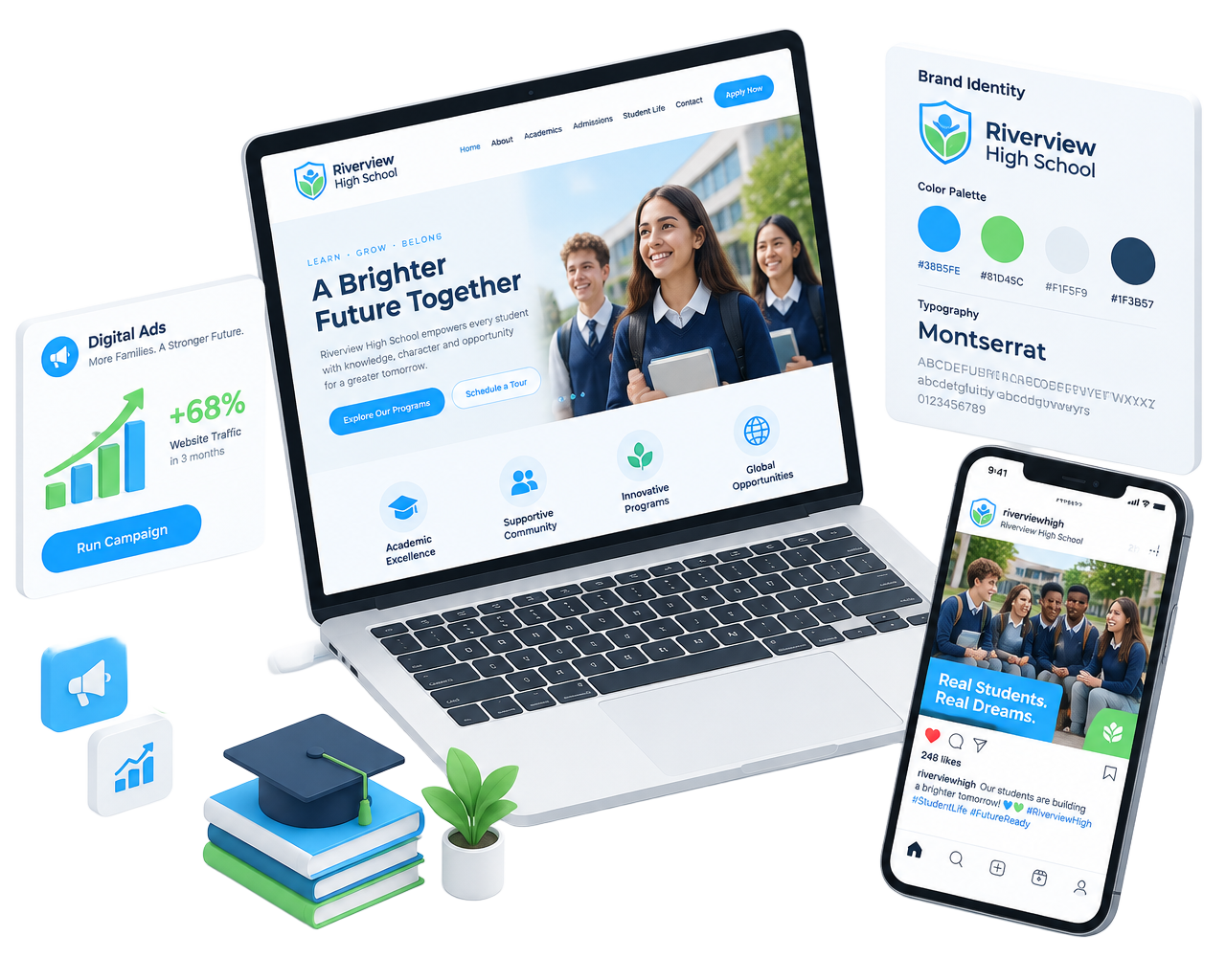Transformation digitale d'un établissement scolaire : site web, réseaux sociaux, identité visuelle et publicité