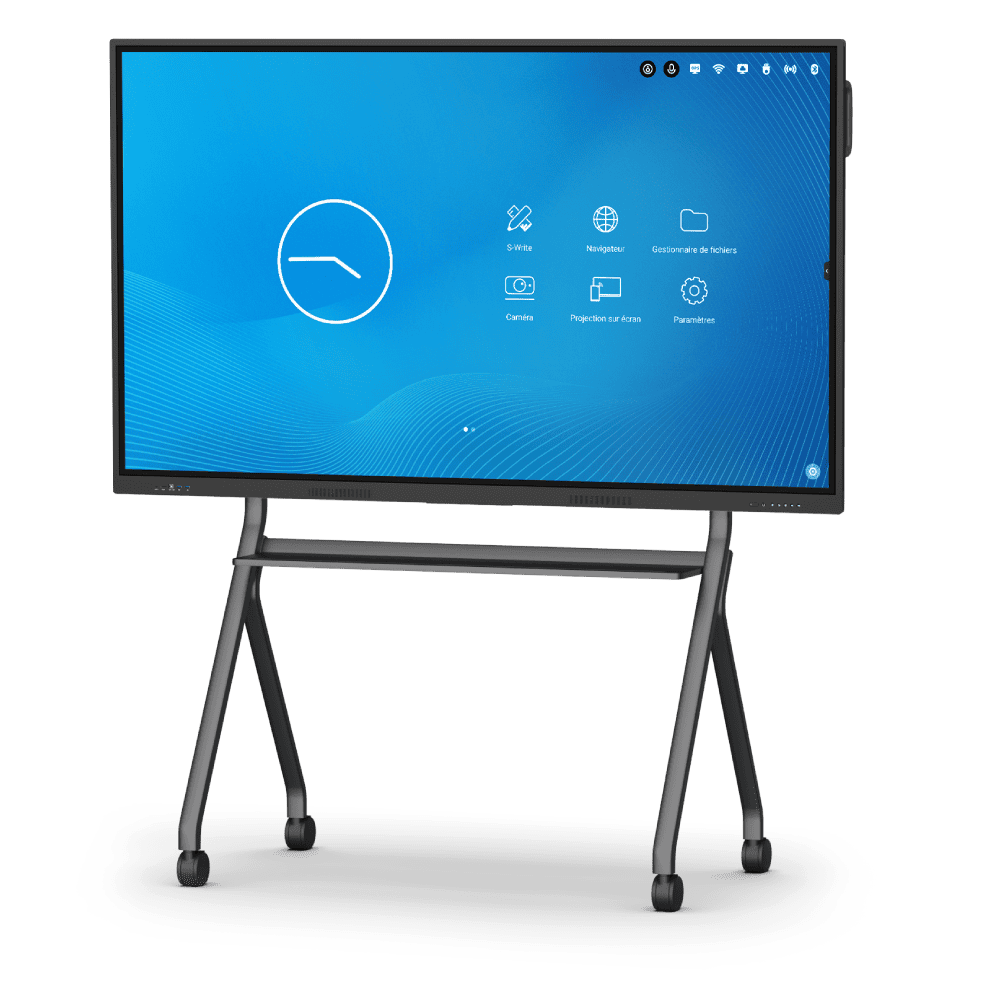 Écran interactif mobile sur support roulant dans un bureau